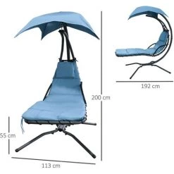 Outsunny Bain De Soleil Transat Suspendu Avec Pare-soleil Et Matelas Design Contemporain 1,92L X 1,13l X 2H M Acier Polyester Bleu Noir -Outsunny Soldes Magasin 11424760 3