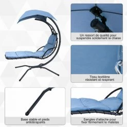 Outsunny Bain De Soleil Transat Suspendu Avec Pare-soleil Et Matelas Design Contemporain 1,92L X 1,13l X 2H M Acier Polyester Bleu Noir -Outsunny Soldes Magasin 11424760 4