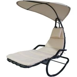 Outsunny Bain De Soleil Transat à Bascule Design Contemporain Avec Pare-soleil Et Matelas 1,65L X 1,25l X 1,84H M Acier époxy Noir Polyester Beige - Beige