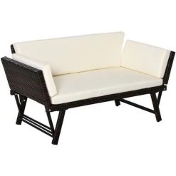 Outsunny Canapé Lit De Jardin Extensible 3 Places Grand Confort 4 Coussins écru Inclus Résine Tressée Imitation Rotin Chocolat - Marron
