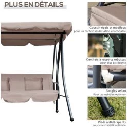 Outsunny Balancelle De Jardin Convertible 3 Places Grand Confort Inclinaison Toit Réglable Matelas Fourni 2L X 1,25l X 1,7H M Métal Polyester Noir Et Beige - Beige -Outsunny Soldes Magasin 11603899 4