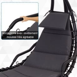 Outsunny Bain De Soleil Transat Suspendu Avec Pare-soleil Et Matelas Design Contemporain 190L X 115l X 190H Cm Acier Polyester Gris Foncé Noir -Outsunny Soldes Magasin 11607922 4