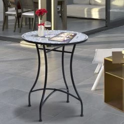Outsunny Table Ronde Style Fer Forgé Bistro Plateau Mosaïque Motif Fleur Métal époxy Anticorrosion Noir Céramique - Noir -Outsunny Soldes Magasin 11659563 4