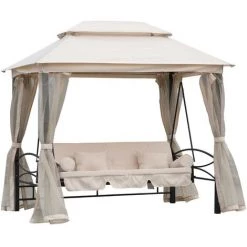 Outsunny Balancelle De Jardin 3 Places Convertible Style Colonial Grand Confort 2 Coussins + Matelas + Moustiquaires Inclus Noir Beige - Beige