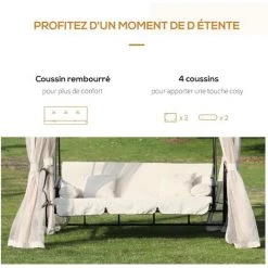 Outsunny Balancelle De Jardin 3 Places Convertible Style Colonial Grand Confort 2 Coussins + Matelas + Moustiquaires Inclus Noir Beige - Beige -Outsunny Soldes Magasin 11764742 5