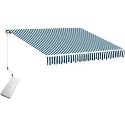 Outsunny Store Banne électrique Et Manuel Rétractable Dim. 3,95L X 3l (avancée) M Télécommande Fournie Alu. Polyester Haute Densité Imperméabilisé Anti-UV Vert Blanc Rayé - Vert