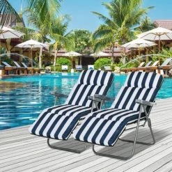 Outsunny Lot De 2 Chaise Longue Bain De Soleil Adjustable Pliable Transat Lit De Jardin En Acier Bleu + Blanc - Bleu -Outsunny Soldes Magasin 1476758 2