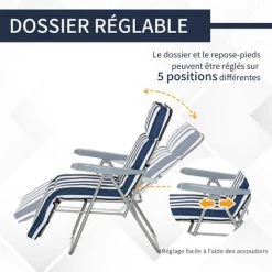 Outsunny Lot De 2 Chaise Longue Bain De Soleil Adjustable Pliable Transat Lit De Jardin En Acier Bleu + Blanc - Bleu -Outsunny Soldes Magasin 1476758 5