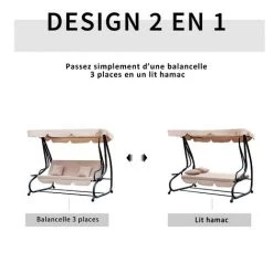 Outsunny Balancelle De Jardin Convertible 3 Places Inclinaison Toit Réglable 2 Tablettes + Matelas 2L X 1,2l X 1,64H M Métal époxy Noir Polyester Beige - Beige -Outsunny Soldes Magasin 17063410 4