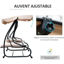 Outsunny Balancelle De Jardin Convertible 3 Places Inclinaison Toit Réglable 2 Tablettes + Matelas 2L X 1,2l X 1,64H M Métal époxy Noir Polyester Beige - Beige -Outsunny Soldes Magasin 17063410 5