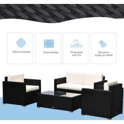 Outsunny Ensemble Salon De Jardin 4 Places Grand Confort Table Basse Plateau Verre Trempé Résine Tressée Noir Coussins Crème - Noir -Outsunny Soldes Magasin 17449974 5