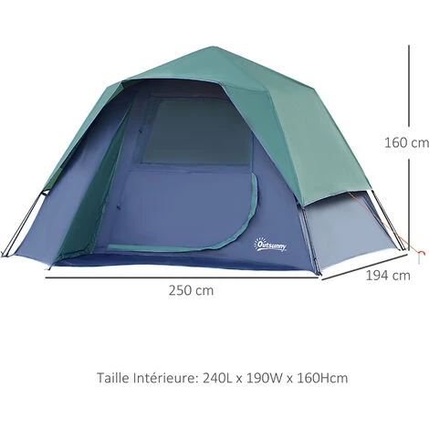 Outsunny Tente Pop Up Montage Instantané - Tente De Camping Familiale 3 Pers. - Grande Porte + 3 Fenêtres - Dim. 2,5L X 1,94l X 1,6H M Fibre Verre Polyester Oxford Bleu Vert - Vert 5 Outsunny Tente Pop Up Montage Instantané - Tente De Camping Familiale 3 Pers. - Grande Porte + 3 Fenêtres - Dim. 2,5L X 1,94l X 1,6H M Fibre Verre Polyester Oxford Bleu Vert - Vert – Image 3