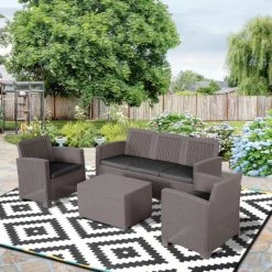 Outsunny Ensemble Salon De Jardin 5 Places Grand Confort Table Basse Rangement Intégré Plastique PP Imitation Rotin Coussins Gris -Outsunny Soldes Magasin 17707855 2