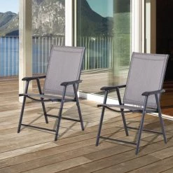 Outsunny Lot De 2 Chaises De Jardin Pliantes Avec Accoudoirs Métal époxy Textilène - Dim. 58L X 64l X 94H Cm - Noir Gris -Outsunny Soldes Magasin 17873453 2