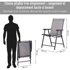 Outsunny Lot De 2 Chaises De Jardin Pliantes Avec Accoudoirs Métal époxy Textilène - Dim. 58L X 64l X 94H Cm - Noir Gris -Outsunny Soldes Magasin 17873453 5