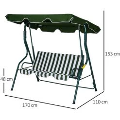 Outsunny Balancelle De Jardin 3 Places Toit Imperméabilisé Inclinaison Réglable Coussins Assise Dossier 1,7L X 1,1l X 1,53H M Métal époxy Polyester Vert Blanc Rayé -Outsunny Soldes Magasin 18252961 3