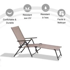 Outsunny Bain De Soleil Pliable Transat Inclinable 5 Positions Chaise Longue Grand Confort Avec Accoudoirs Dim. 152L X 65l X 100H Cm Métal époxy Textilène Sable - Marron -Outsunny Soldes Magasin 18253114 4