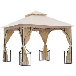 Outsunny Pavillon De Jardin Tonnelle Barnum Style Colonial Double Toit Toiles Moustiquaires Amovibles Zippées Dim. 2,95L X 2,95l X 2,75H M Beige Noir