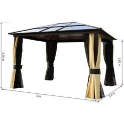 Outsunny Pavillon De Jardin Tonnelle Rigide Dim. 3,6L X 3l X 2,65H M 4 Parois Latérales Anti-UV Beige 4 Moustiquaires Zippées éclairage LED Solaire Alu Polycarbonate Noir Marron - Noir -Outsunny Soldes Magasin 18253120 3