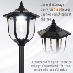 Outsunny Luminaire Extérieur Solaire Lampadaire Lanterne Classique LED 60 Lm Max. Dim. 26L X 26l X 177H Cm Noir - Noir -Outsunny Soldes Magasin 18253145 4