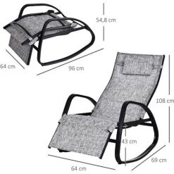 Outsunny Fauteuil à Bascule Dossier Inclinable Réglable Chaise Longue Pliable Dim. 90L X 64l X 108H Cm Métal époxy Noir Textilène Gris Chiné - Gris -Outsunny Soldes Magasin 18261303 3