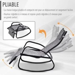 Outsunny Fauteuil à Bascule Dossier Inclinable Réglable Chaise Longue Pliable Dim. 90L X 64l X 108H Cm Métal époxy Noir Textilène Gris Chiné - Gris -Outsunny Soldes Magasin 18261303 5
