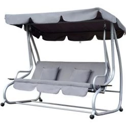 Outsunny Balancelle De Jardin 3 Places Convertible Toit Inclinaison Réglable 2 Tablettes Support 2L X 1,2l X 1,64H M Métal époxy Noir Polyester Gris