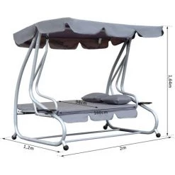Outsunny Balancelle De Jardin 3 Places Convertible Toit Inclinaison Réglable 2 Tablettes Support 2L X 1,2l X 1,64H M Métal époxy Noir Polyester Gris -Outsunny Soldes Magasin 18679919 3