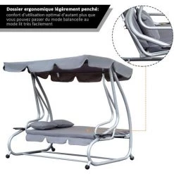Outsunny Balancelle De Jardin 3 Places Convertible Toit Inclinaison Réglable 2 Tablettes Support 2L X 1,2l X 1,64H M Métal époxy Noir Polyester Gris -Outsunny Soldes Magasin 18679919 4