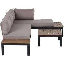 Outsunny Ensemble Salon De Jardin D'angle Design Contemporain 5 Places Coussins Marron Table Basse Alu. Noir Et Imitation Bois -Outsunny Soldes Magasin 18820027 4