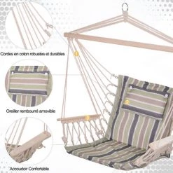 Outsunny Chaise Suspendue Hamac De Voyage Respirant Portable Dim. 100L X 49l X 106H Cm Coton Macramé Polyester Multicolore Rayé -Outsunny Soldes Magasin 19450729 4