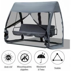 Outsunny Balancelle De Jardin Convertible 3 Places Grand Confort : Matelas Assise Dossier, Moustiquaire Intégrale Zippée Avec Toit, Pochette Rangement Métal époxy Polyester Gris -Outsunny Soldes Magasin 19842687 4