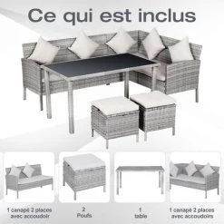 Outsunny Salon De Jardin 6 Pers. Grand Confort Canapé D'angle + 2 Poufs + Table à Manger 9 Coussins Assise & Dossier Fournis Résine Tressée Grise -Outsunny Soldes Magasin 20066478 5