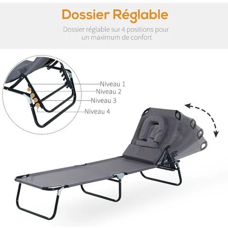 Outsunny Transat De Jardin Chaise Longue Pliante Bain De Soleil Pour Lecture Gris - Gris 6 Outsunny Transat De Jardin Chaise Longue Pliante Bain De Soleil Pour Lecture Gris - Gris – Image 4