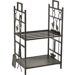 Outsunny Serviteur De Cheminée Cerf - Porte Bûches - Range Bûches Multi Accessoires 2 étagères 51L X 33l X 77H Cm Métal Noir Or Vieilli