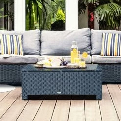 Outsunny Table Basse De Jardin Plateau Verre Trempé 5 Mm Rotin Tressé 85 X 50 X 39cm Max. 50 Kg Noir -Outsunny Soldes Magasin 25007510 2