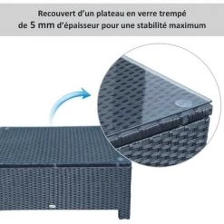 Outsunny Table Basse De Jardin Plateau Verre Trempé 5 Mm Rotin Tressé 85 X 50 X 39cm Max. 50 Kg Noir -Outsunny Soldes Magasin 25007510 5