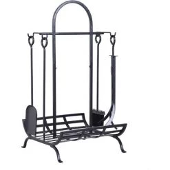 Outsunny Serviteur De Cheminée - Porte Bûches - Range Bûches Multi Accessoires Dim. 45L X 40l X 78H Cm Métal Noir