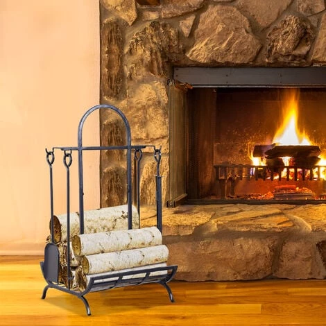 Outsunny Serviteur De Cheminée - Porte Bûches - Range Bûches Multi Accessoires Dim. 45L X 40l X 78H Cm Métal Noir 4 Outsunny Serviteur De Cheminée - Porte Bûches - Range Bûches Multi Accessoires Dim. 45L X 40l X 78H Cm Métal Noir – Image 2