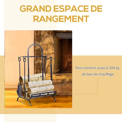 Outsunny Serviteur De Cheminée - Porte Bûches - Range Bûches Multi Accessoires Dim. 45L X 40l X 78H Cm Métal Noir 6 Outsunny Serviteur De Cheminée - Porte Bûches - Range Bûches Multi Accessoires Dim. 45L X 40l X 78H Cm Métal Noir – Image 4