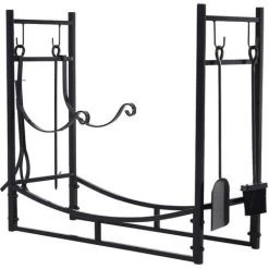 Outsunny Serviteur De Cheminée - Porte Bûches - Range Bûches Multi Accessoires étagère Bûche Et Petit Bois Métal Noir