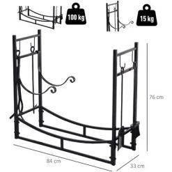 Outsunny Serviteur De Cheminée - Porte Bûches - Range Bûches Multi Accessoires étagère Bûche Et Petit Bois Métal Noir -Outsunny Soldes Magasin 25008152 3