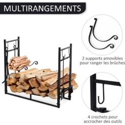 Outsunny Serviteur De Cheminée - Porte Bûches - Range Bûches Multi Accessoires étagère Bûche Et Petit Bois Métal Noir -Outsunny Soldes Magasin 25008152 5