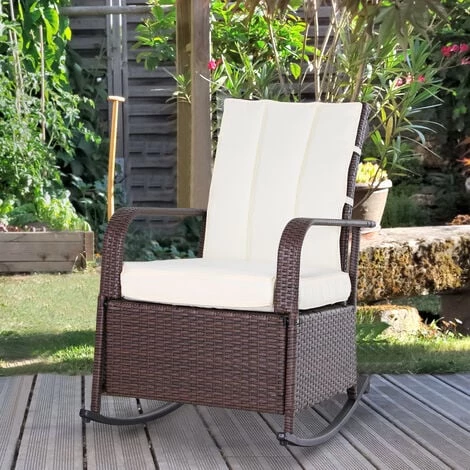 Outsunny Rocking Chair Fauteuil à Bascule Grand Confort Style Cosy Coussins Assise Dossier Déperlant Crème Résine Tressée Imitation Rotin Chocolat - Marron 4 Outsunny Rocking Chair Fauteuil à Bascule Grand Confort Style Cosy Coussins Assise Dossier Déperlant Crème Résine Tressée Imitation Rotin Chocolat - Marron – Image 2