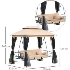 Outsunny Balancelle De Jardin 3 Places Convertible Style Colonial Grand Confort 5 Coussins + Matelas + Moustiquaires Inclus 2,56L X 1,72l X 2,48H M Marron Clair -Outsunny Soldes Magasin 25009079 3