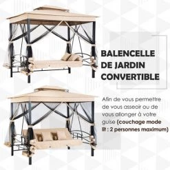 Outsunny Balancelle De Jardin 3 Places Convertible Style Colonial Grand Confort 5 Coussins + Matelas + Moustiquaires Inclus 2,56L X 1,72l X 2,48H M Marron Clair -Outsunny Soldes Magasin 25009079 5