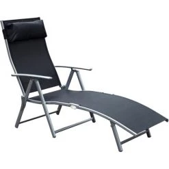 Outsunny Transat Chaise Longue Bain De Soleil Pliable Dossier Inclinable Multi-positions Têtière Fournie 137L X 64l X 101H Cm Métal époxy Textilène Noir
