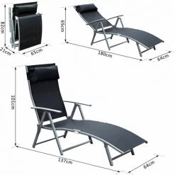 Outsunny Transat Chaise Longue Bain De Soleil Pliable Dossier Inclinable Multi-positions Têtière Fournie 137L X 64l X 101H Cm Métal époxy Textilène Noir -Outsunny Soldes Magasin 25009099 3