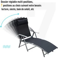 Outsunny Transat Chaise Longue Bain De Soleil Pliable Dossier Inclinable Multi-positions Têtière Fournie 137L X 64l X 101H Cm Métal époxy Textilène Noir -Outsunny Soldes Magasin 25009099 5
