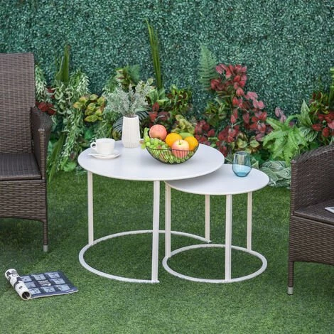 Outsunny Lot De 2 Tables Basses Rondes Gigognes Empilables De Jardin Métal époxy Blanc 3 Outsunny Lot De 2 Tables Basses Rondes Gigognes Empilables De Jardin Métal époxy Blanc – Image 2